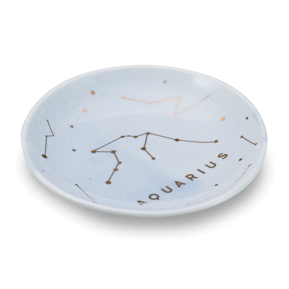 The LuckyFeather Dish Aquarius is a light blue trinket dish with gold constellation accents and “AQUARIUS” in bold letters—ideal as a chic jewelry holder or a unique gift for her.