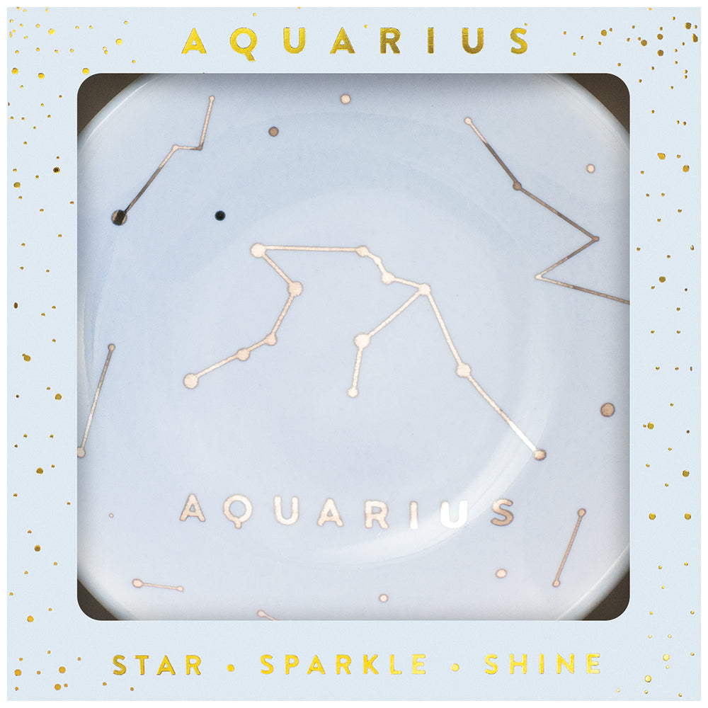 The LuckyFeather Dish Aquarius is a decorative trinket dish with a gold Aquarius constellation and "AQUARIUS" text, boxed with gold confetti accents and inspiring words—a perfect gift for her.