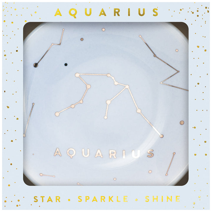 The LuckyFeather Dish Aquarius is a decorative trinket dish with a gold Aquarius constellation and "AQUARIUS" text, boxed with gold confetti accents and inspiring words—a perfect gift for her.