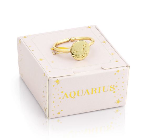 The LuckyFeather Aquarius Signet Ring, dipped in 14k gold and engraved with the Aquarius zodiac symbol, rests on a cream-colored box decorated with golden star patterns and "AQUARIUS" in gold lettering.
