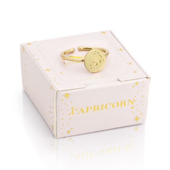 The LuckyFeather Capricorn Signet Ring, a 14k gold-dipped piece with an engraved Capricorn constellation and adjustable band, rests on a white box adorned with gold stars and the "CAPRICORN" label.