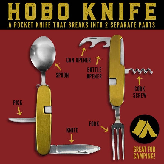 The Hobo Utensil Tool by LuckyJack is a versatile camping gadget featuring detachable spoon, fork, knife, pick, can opener, bottle opener, and corkscrew. Text emphasizes camping usefulness on a black and yellow background.