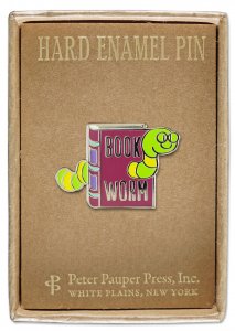 The "Book Worm Pin" by PeterPauperP is a 2-3/8 inch hard enamel pin portraying a cheerful green worm popping out from a red book labeled "Book Worm." It comes in an attractive gift box featuring the text: "Peter Pauper Press Inc., White Plains, New York.
