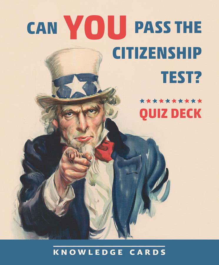 Illustration of Uncle Sam pointing forward with text: "Can YOU pass the US citizenship test? Citizenship Test." The words "YOU" and "Citizenship Test" are in red—perfect for naturalization exam prep. From Pomegranate.