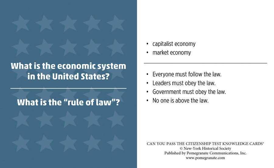 Prepare for your naturalization exam with Pomegranate’s Citizenship Test flash cards, covering U.S. economic systems like capitalism and market economy, plus the rule of law and equal accountability for all.