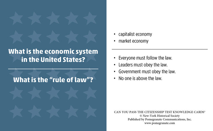 Prepare for your naturalization exam with Pomegranate’s Citizenship Test flash cards, covering U.S. economic systems like capitalism and market economy, plus the rule of law and equal accountability for all.