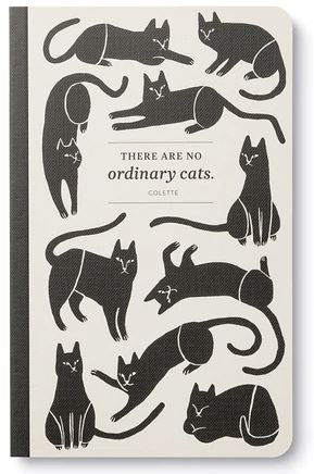 The No Ordinary Cats notebook by COMPENDIUM features black illustrations of various cat poses on a beige background. The cover text reads, "THERE ARE NO ordinary cats. - COLETTE" in the center, capturing bold sentiments with every page turn.