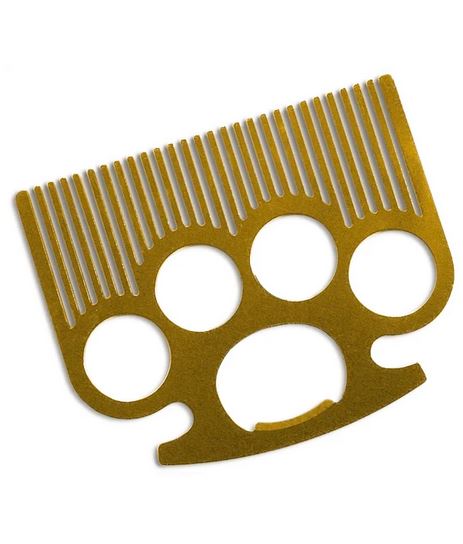 The LuckyJack Brass Knuckle Pocket Comb is a gold-colored, stainless steel beard comb with four large finger holes and fine teeth, designed for pocket-sized durability and style.