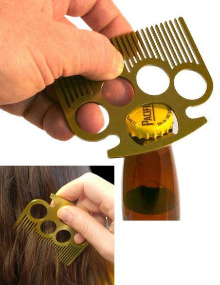 A hand holds the LuckyJack Brass Knuckle Pocket Comb—a pocket-sized, stainless steel comb with finger holes and a built-in bottle opener—shown in use to style hair and open a bottle.