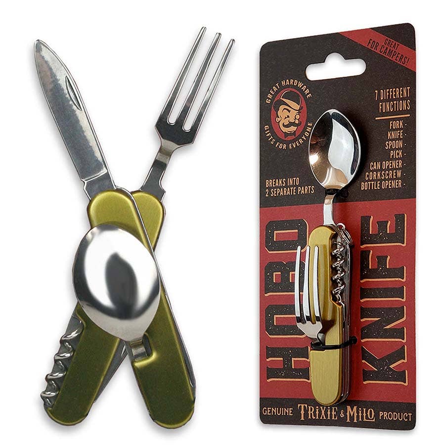 The LuckyJack Hobo Utensil Tool is a multifunctional camping tool with a knife, fork, spoon, and corkscrew. Shown opened and packaged, its box displays branding and features for convenient outdoor dining.