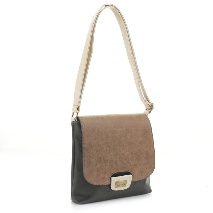 The Amy Crossbody - Brown by Liz Soto Handbags features a black vegan leather body, brown textured flap, beige adjustable strap, and a front metal nameplate.