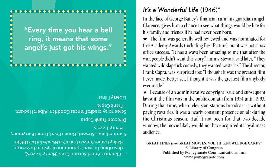 A quote from "It’s a Wonderful Life" appears in white text on blue alongside trivia cards with film summary, fun facts, and credits. From Pomegranate's Great Lines Great Movies Vol 3.
