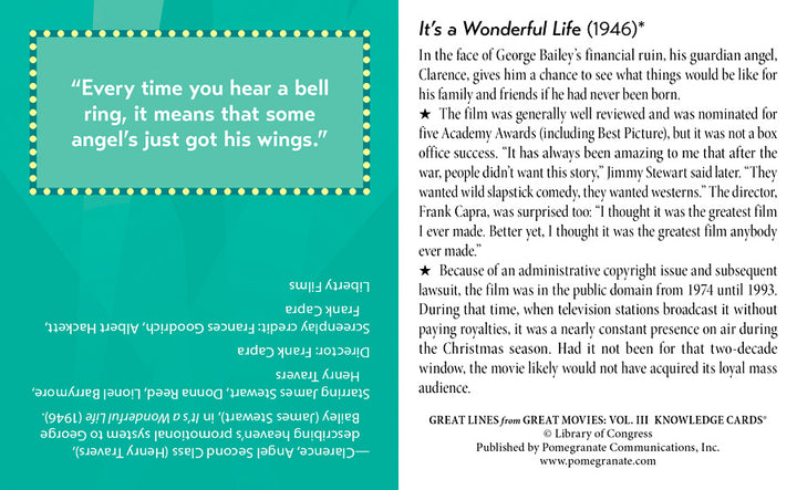 A quote from "It’s a Wonderful Life" appears in white text on blue alongside trivia cards with film summary, fun facts, and credits. From Pomegranate's Great Lines Great Movies Vol 3.