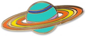 The PeterPauperP Saturn Pin is a hard enamel pin featuring a turquoise planet with a blue stripe, orange-yellow-pink vibrant rings, and metallic gold borders. It measures 2-3/8" wide by 3-1/4" high and comes beautifully presented in a gift box.