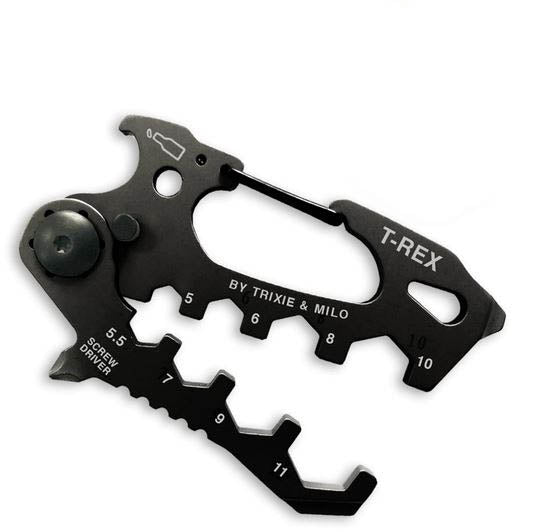 The T-Rex Multi-Tool 15-in-1 by LuckyJack is a black, stainless steel multi-tool shaped like a T-Rex, featuring hex wrenches, screwdriver, bottle opener functions, and an integrated carabiner clip.