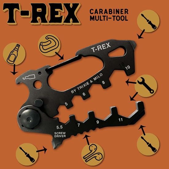 The T-Rex Multi-Tool 15-in-1 by LuckyJack is a black, stainless steel carabiner in a T-Rex shape, shown on an orange background with icons highlighting its bottle opener, screwdriver, ruler, and hex wrench functions.