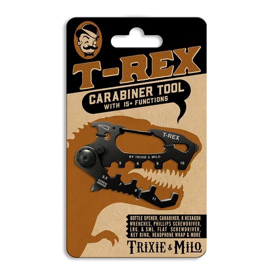 The LuckyJack T-Rex Multi-Tool 15-in-1 is a black stainless steel carabiner in the shape of a T-Rex, packaged as "T-Rex Multi-Tool 15-in-1," featuring a bottle opener, hex wrenches, and more versatile functions.